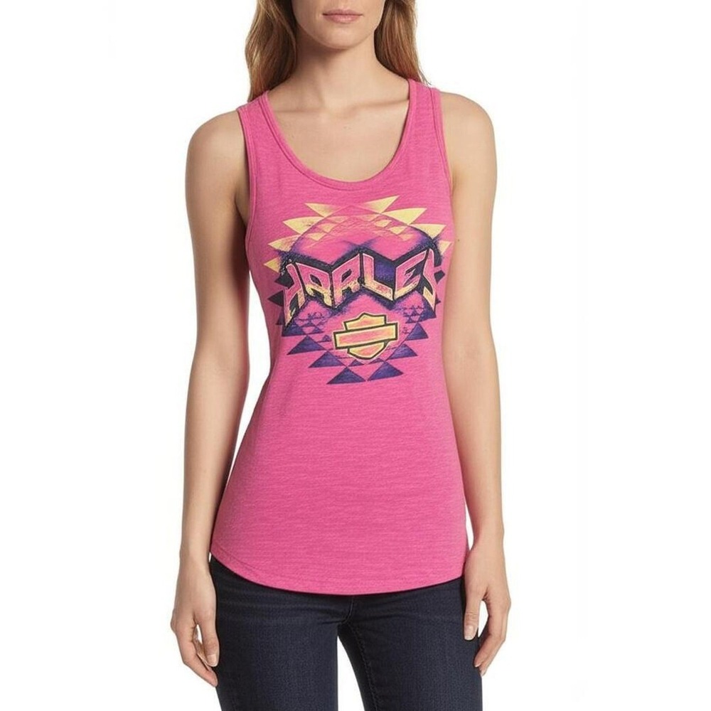 Harley Davidson Tank Top Womens Large Pink Print Bar Shield Logo Scoop Neck